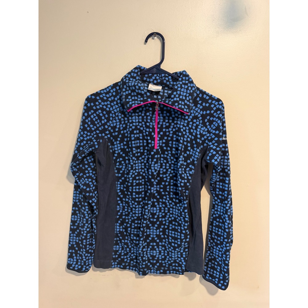 Columbia Womens Quarter Zip Fleece Pullover‎ Blue Black Mosaic Print Pink Trim S